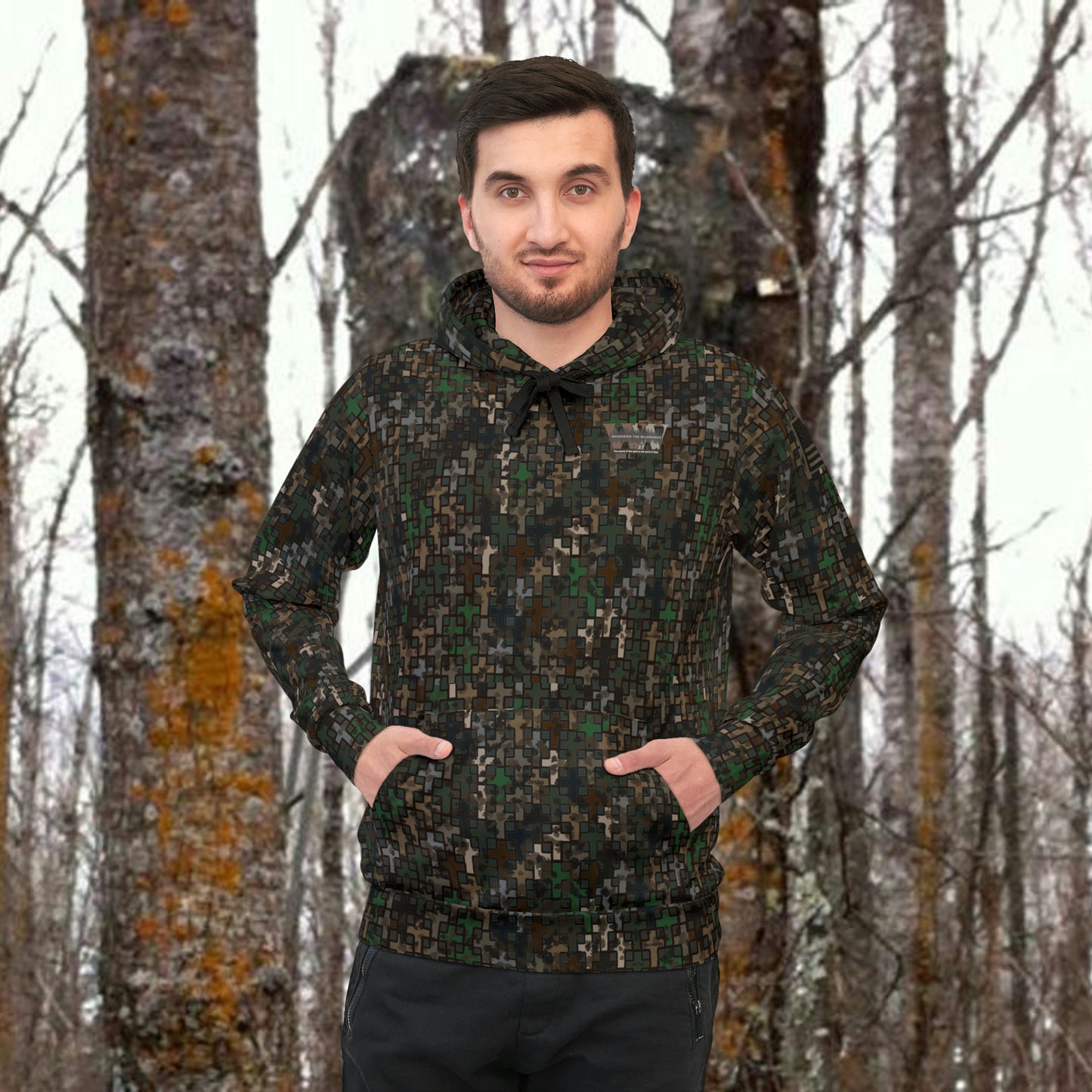 Wandering the Wilderness Backwoods camo unisex Athletic Hoodie. These tend to run small so we recommend buying one size larger than you normally wear, also these are made on demand and can take two weeks or longer to be delivered.