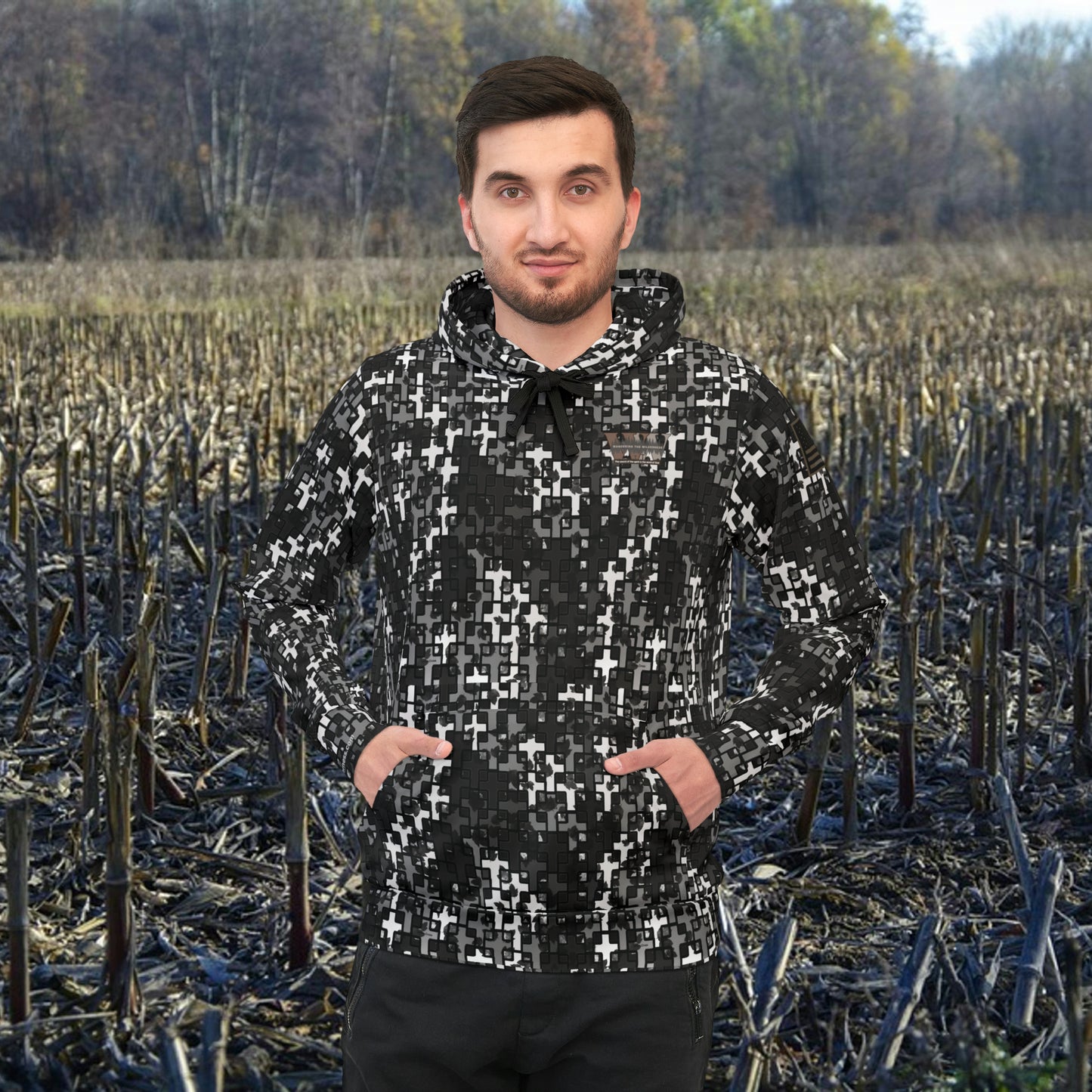 Wandering the Wilderness Urban cross camo unisex Athletic Hoodie. These tend to run small so we recommend ordering one size larger than you normally wear, also these are made on demand and can take two weeks or longer to be delivered.