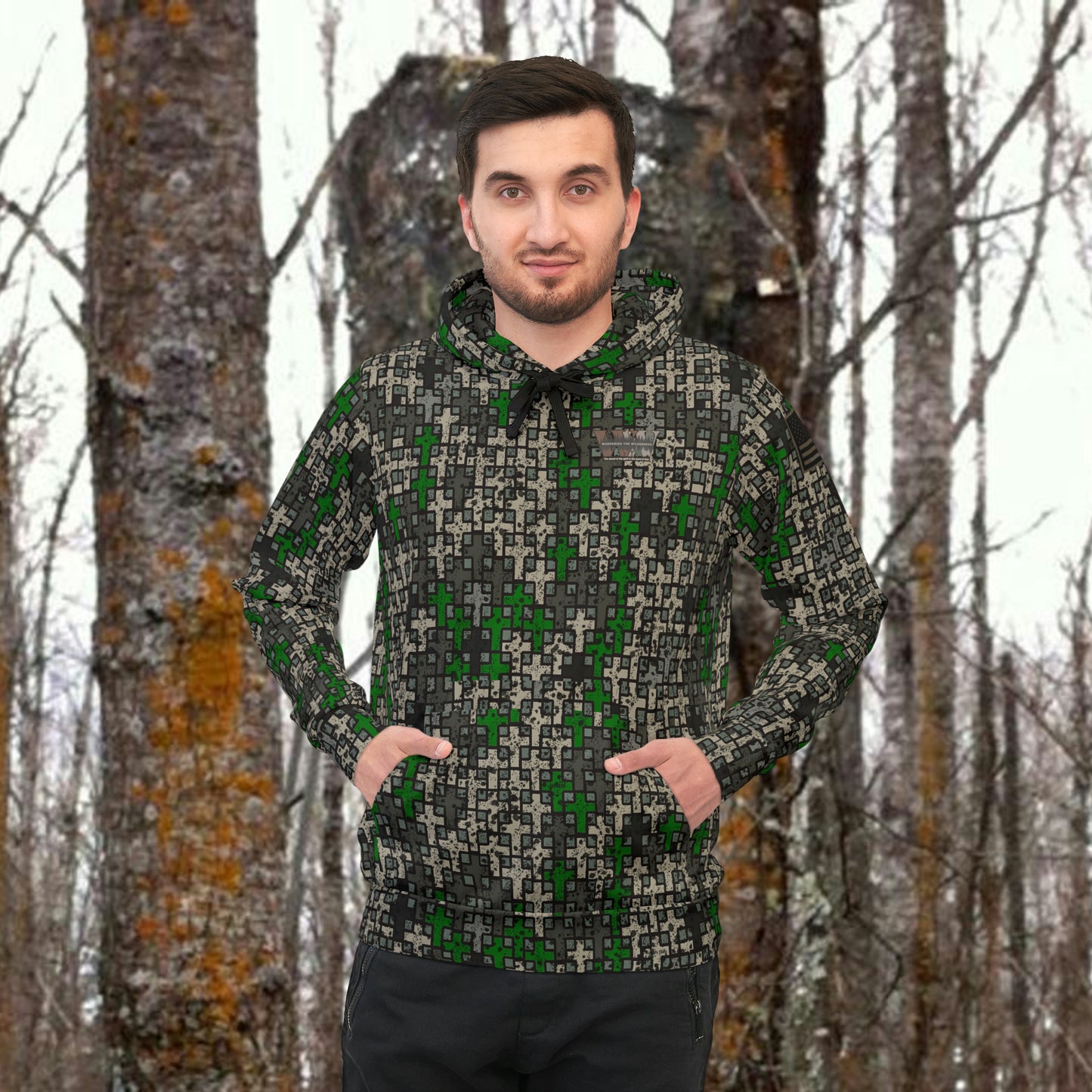 Wandering the Wilderness Hickory Flats camo unisex Athletic Hoodie. These tend to run small so we recommend buying one size larger than you normally wear, also these are made on demand and can take two weeks or longer to be delivered.