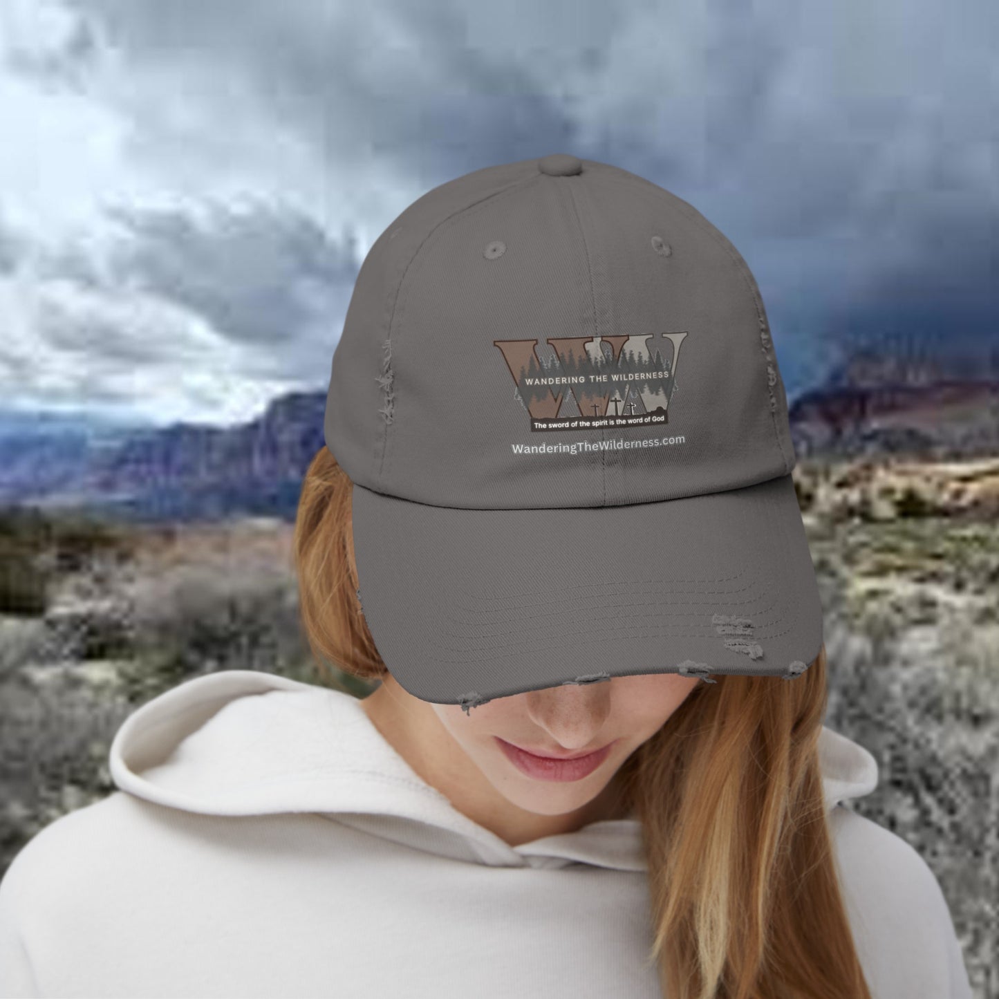 Wandering the Wilderness unisex distressed ball cap.