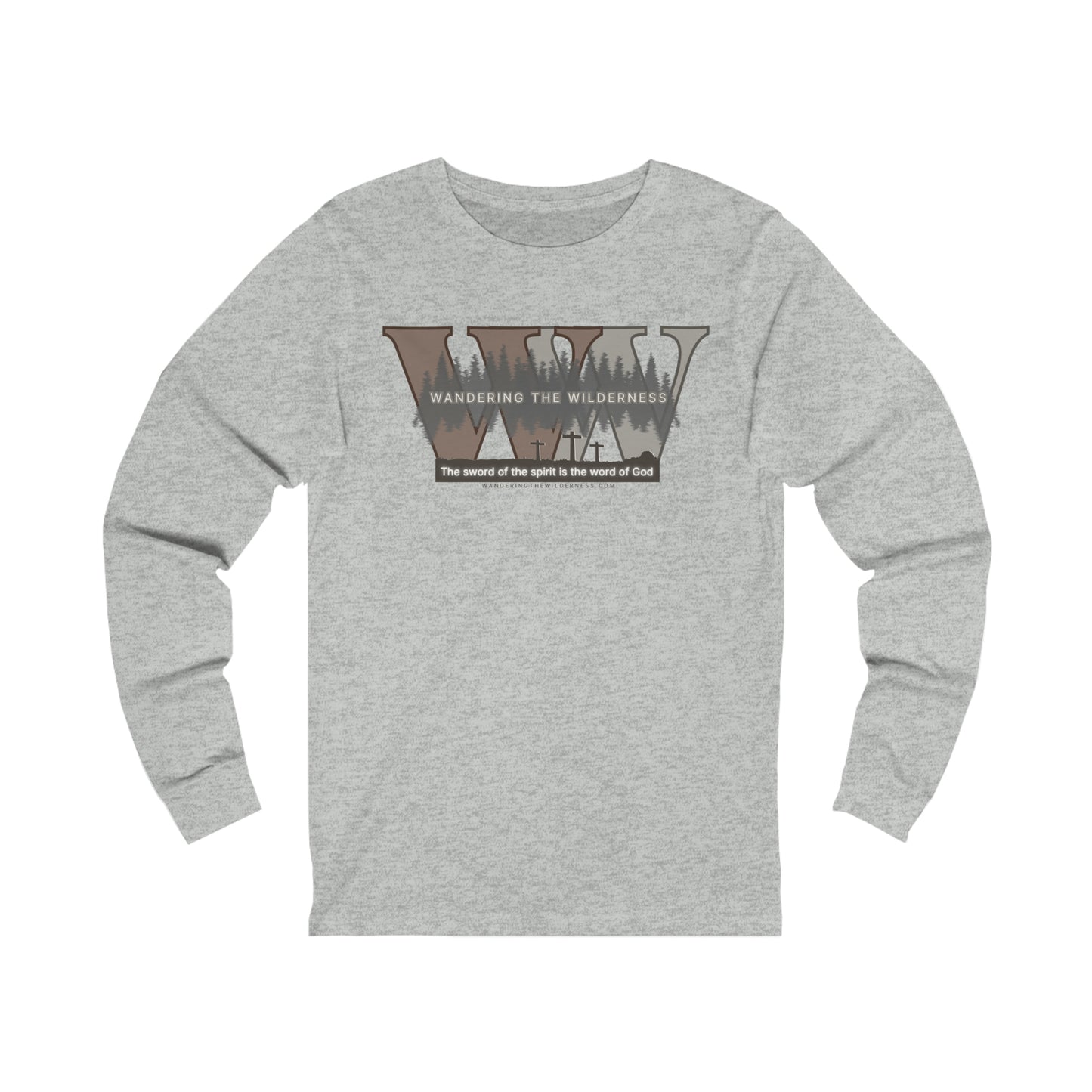 Wandering the Wilderness long sleeve T-shirt big logo on front.