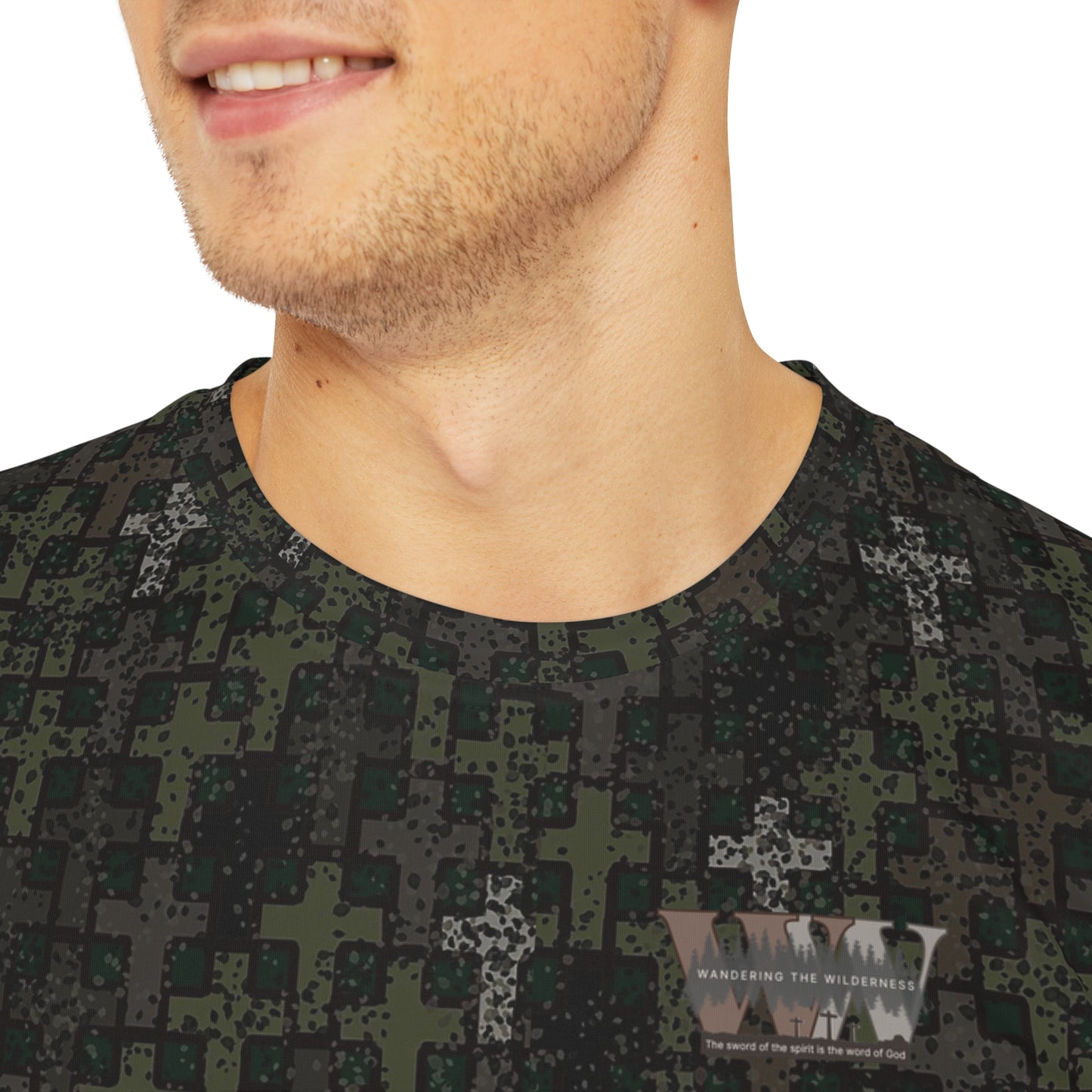 Wandering the Wilderness God, family and country Blackwater Camo Men's Polyester Tee (AOP)