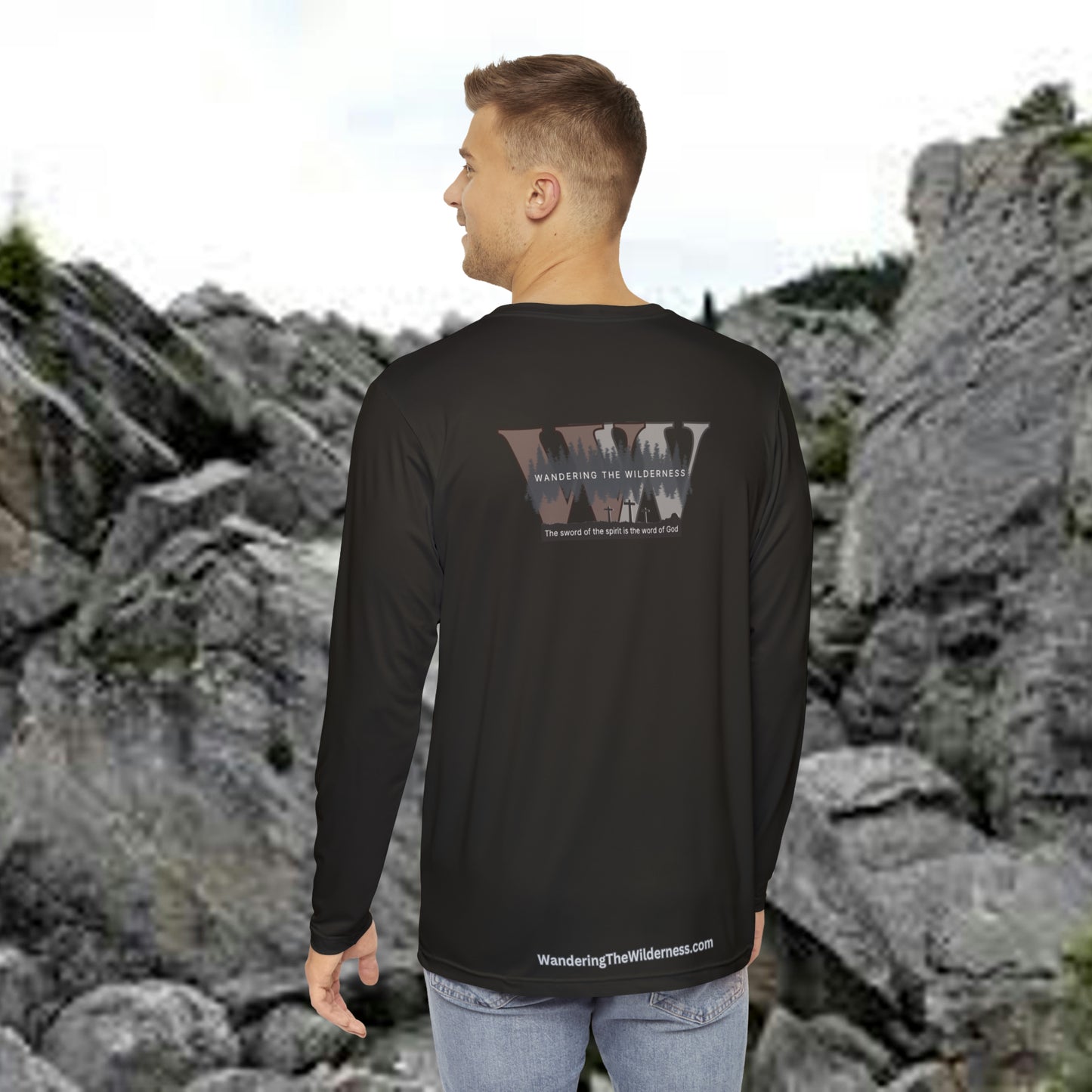 Wandering the Wilderness dark chocolate Men's Long Sleeve Shirt (AOP)