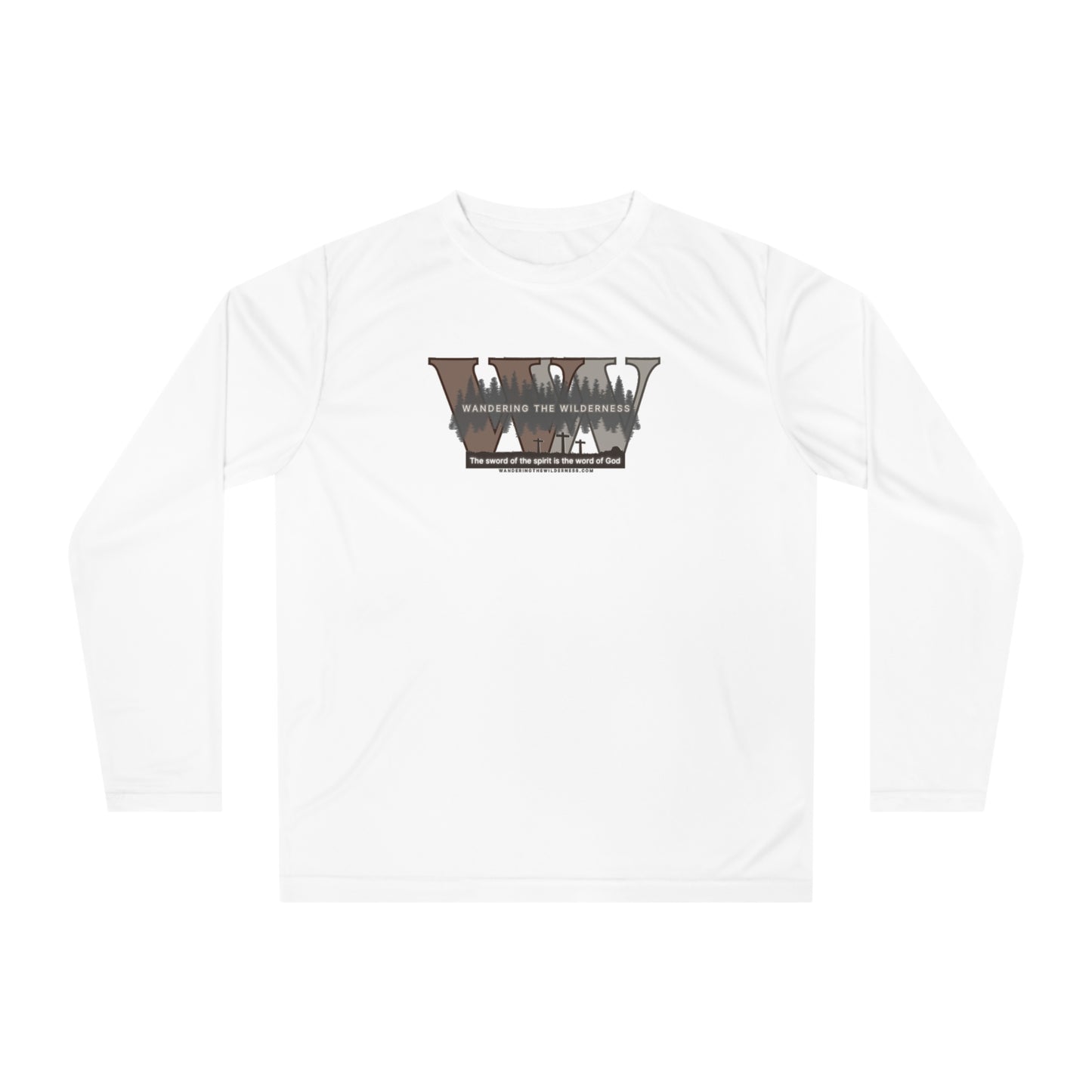 Wandering the Wilderness Performance Long Sleeve Shirt big logo on front.