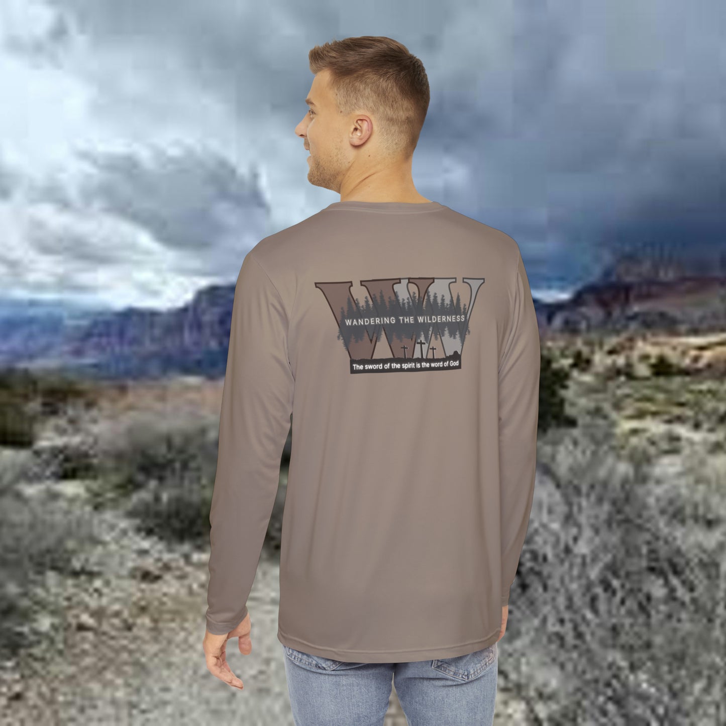 Wandering the Wilderness Taupe performance Men's Long Sleeve Shirt (AOP)