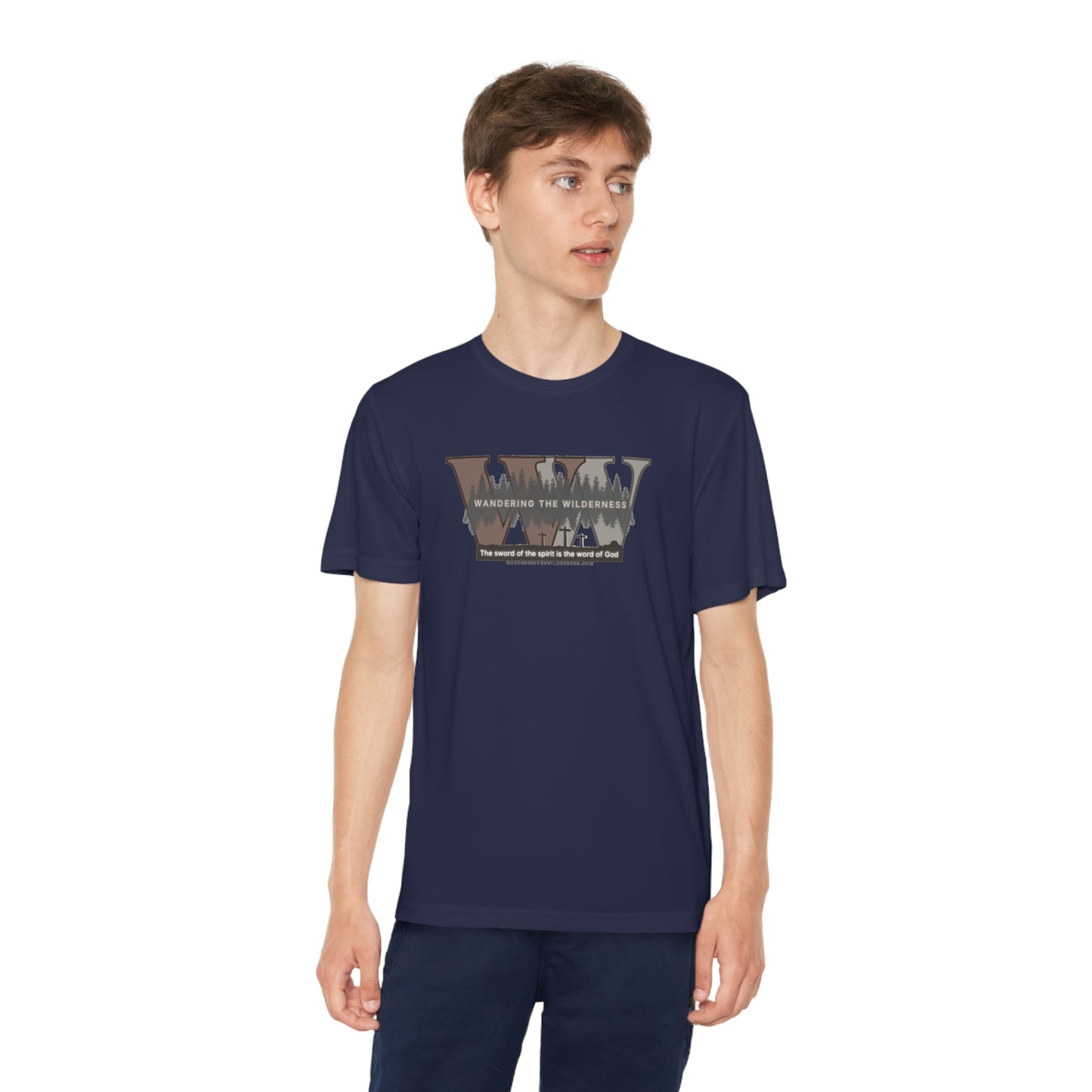 Wandering the Wilderness Kids big logo performance T shirt.