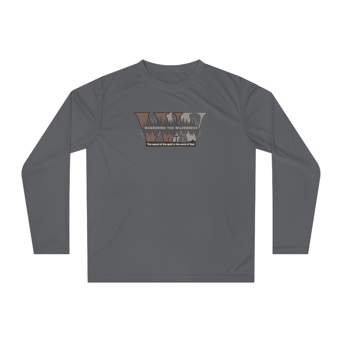 Wandering the Wilderness Performance Long Sleeve Shirt big logo on front.