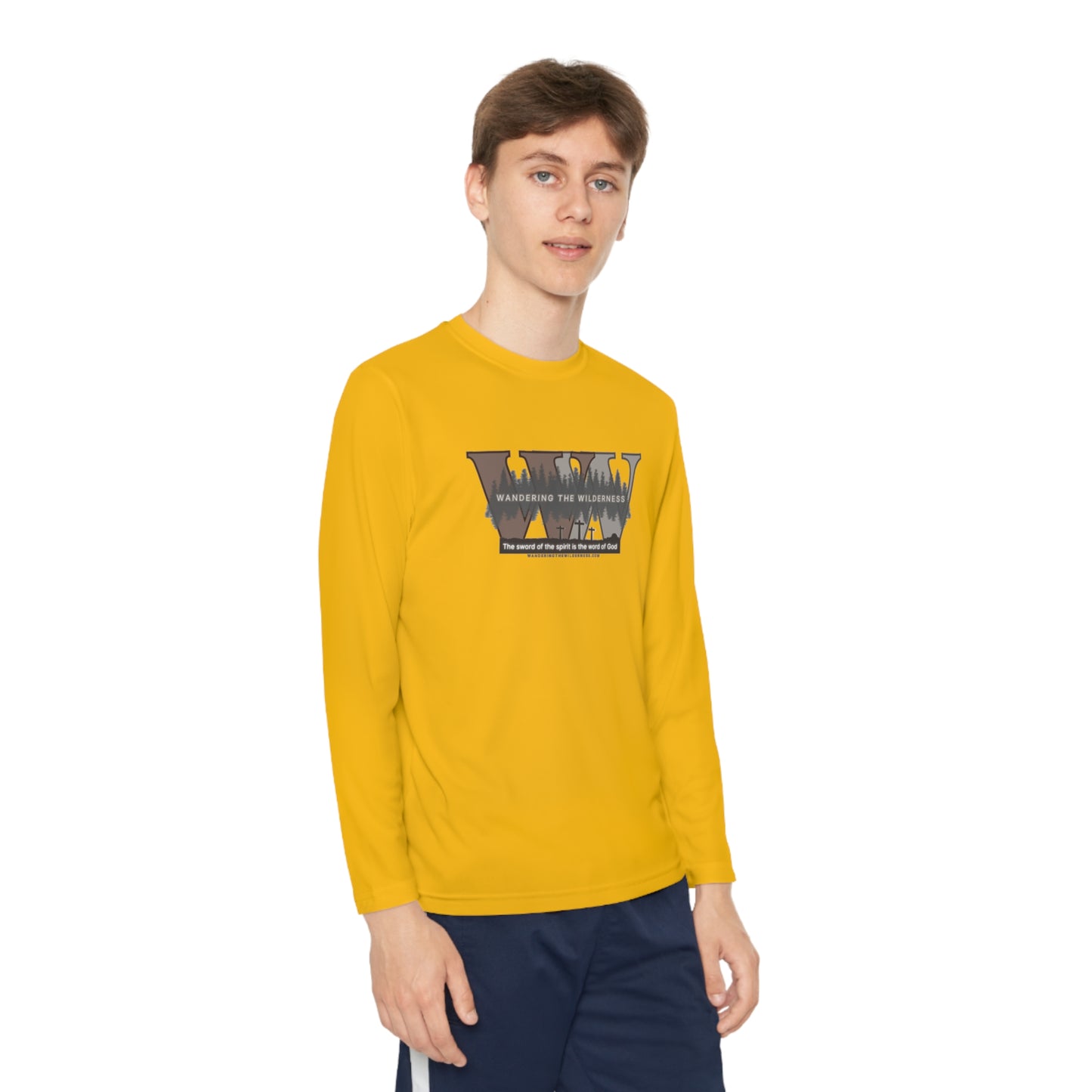 Wandering the Wilderness Kids big logo on front performance long sleeve t-shirt.