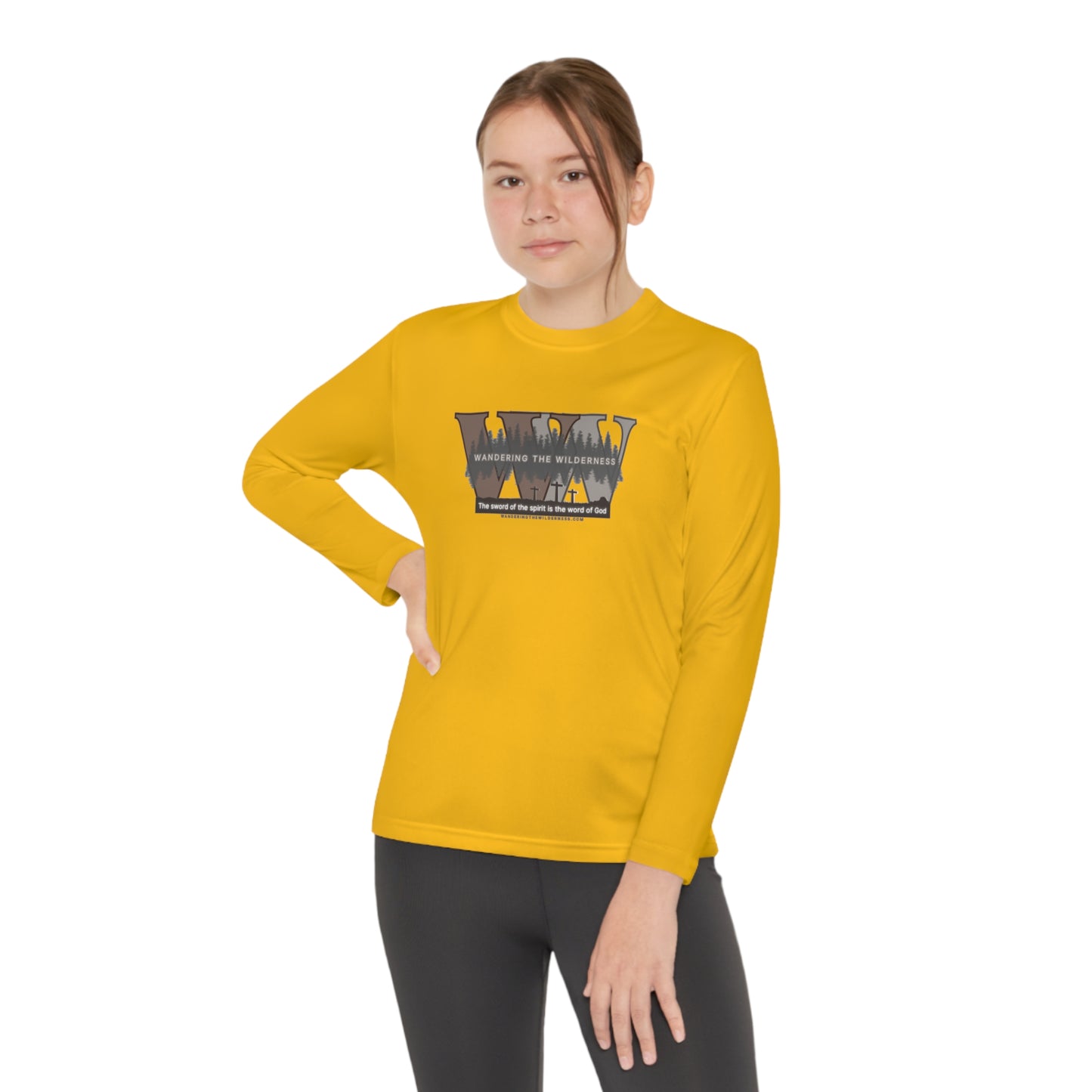 Wandering the Wilderness Kids big logo on front performance long sleeve t-shirt.