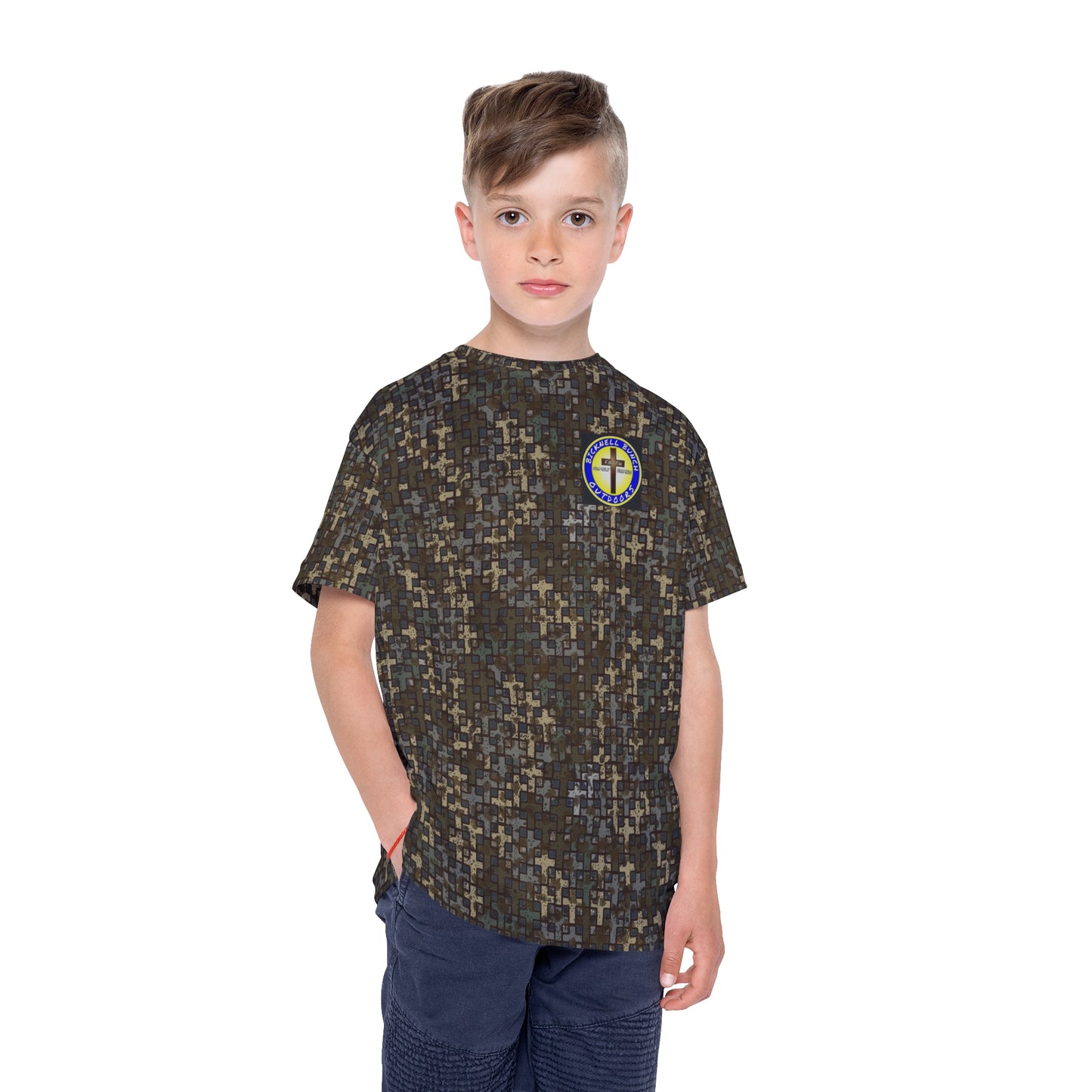 Bicknell Bunch Kids short sleeve performance t shirt in Stubblefield camo.