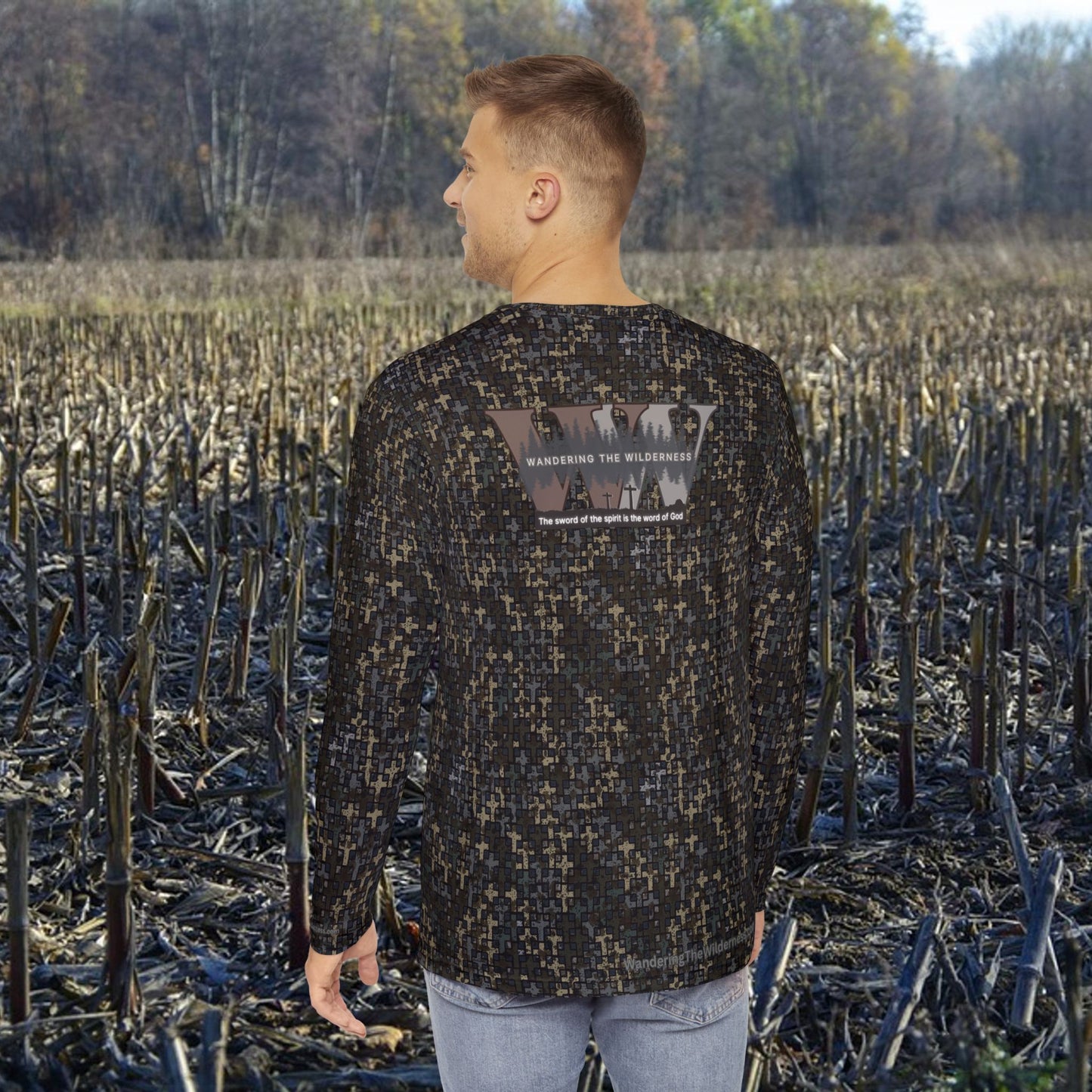 Wandering the Wilderness long sleeve performance shirt in Wandering the Wilderness Stubblefield camo.